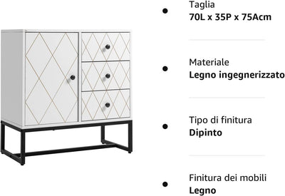 Cassettiera a Rombi Con 3 Cassetti E Un Armadietto, Mobile per Soggiorno E Camera Da Letto in Acciaio E MDF, 70X35X75 Cm, Bianco