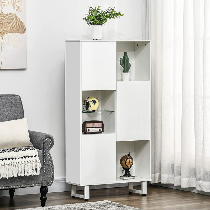 Credenza Moderna Con 4 Vani Aperti E 3 Armadietti, Madia in Legno per Soggiorno E Salotto, 70X24.3X132Cm, Bianco