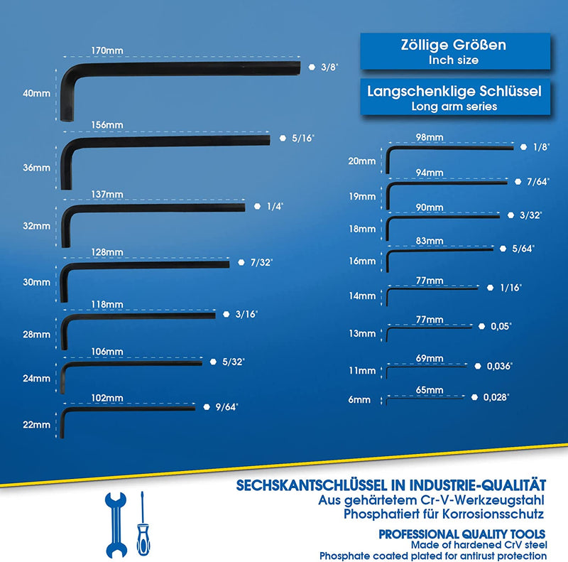 Chiavi a Brugola in Pollici E Metriche - Set 30 Chiavi Esagonali Allen Professionali Da 0,7Mm a 10 Mm