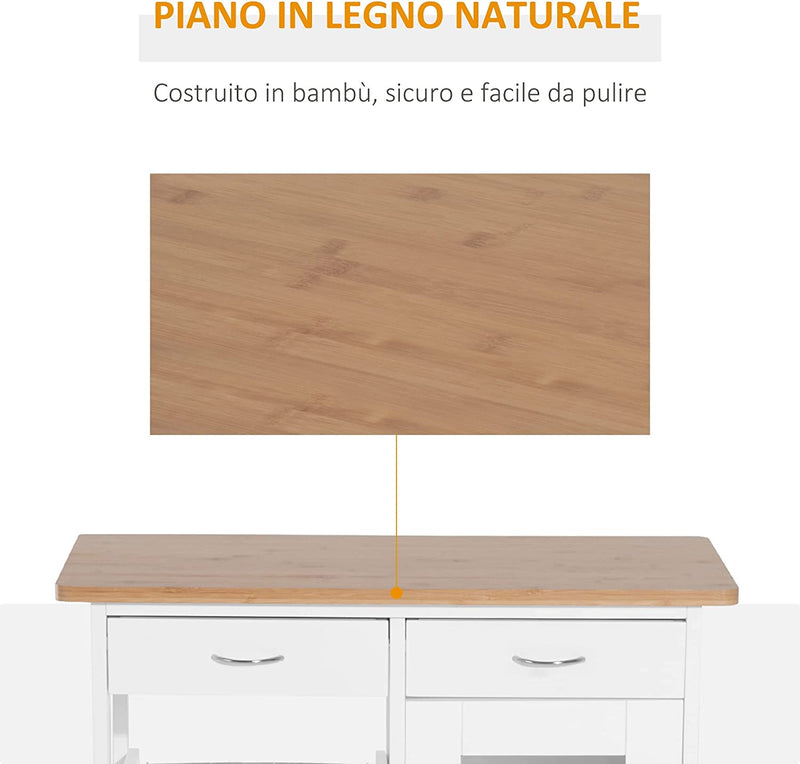 Carrello Da Cucina Rotelle, Cassetti E 2 Cesti in Legno Di Pino, Bianco, 70 X 37 X 85Cm