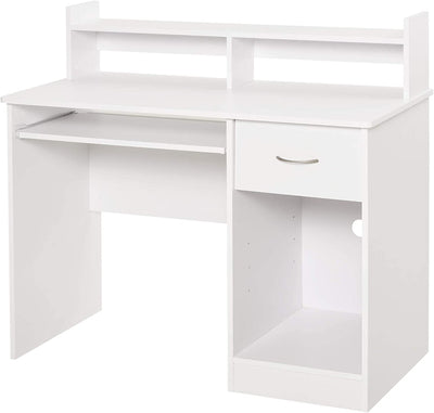 Scrivania Compatta per Computer Fisso PC in Legno Bianco Con Ripiano Tastiera Estraibile E Mensole 104X48X95.5Cm