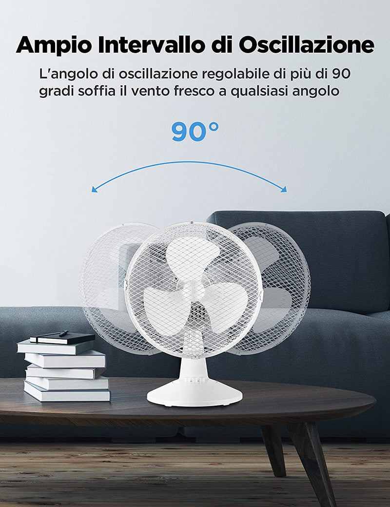 FT23-21M Ventilatore Da Tavolo 25W Diametro 23Cm Ventilatore Silenzioso Ventola a 3 Pale, 2 Livelli Di Velocità, Oscillazione 80°Bianco