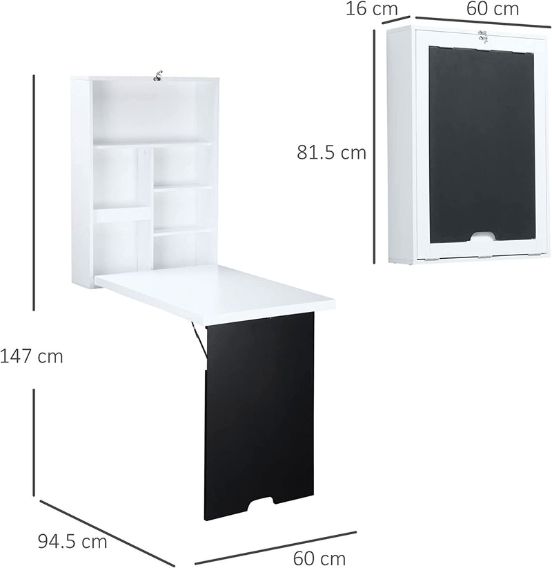 Tavolo Pieghevole Da Parete Salvaspazio, Scrivania, Tavolo Da Pranzo Con Scaffali E Lavagnetta (60X94.5X147Cm)