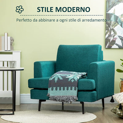 Poltrona Moderna Da Soggiorno Con Seduta Imbottita, Gambe in Acciaio E Tessuto Traspirante Effetto Lino, 96X87X87 Cm, Verde