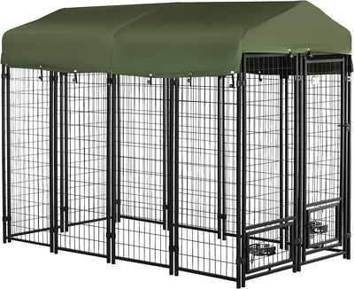 Kennel per Cani in Acciaio per Interni Ed Esterni Con Tettuccio in Tessuto Oxford E 2 Ciotole, 244X122X183 Cm, Nero E Verde Scuro