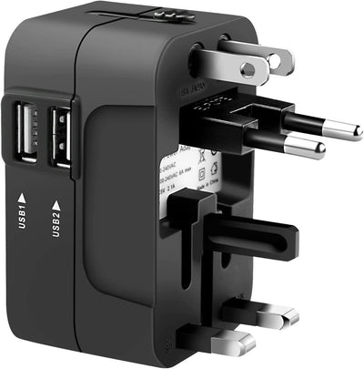 Adattatore Universale Da Viaggio,  Caricatore Adattatore Universale 6A, 2 Porta Caricabatterie USB(5V/1A/2.1A), per Tablet Smartphone Oltre 200 Paesi (USA, UK, EU AUS) Nero