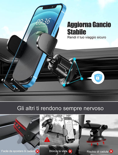 Porta Cellulare Auto [2022 Gancio Aggiornato], 360° Di Rotazione Supporto Cellulare Auto Bocchette Dell'Aria, Porta Telefono Auto Compatibile Con Iphone 14 PRO Max E Altro 4-7” Smartphone