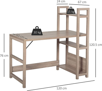 Scrivania Salvaspazio Con Libreria Laterale E 3 Ripiani in Legno per Studio O Ufficio, Color Rovere, 120X67X120.5Cm