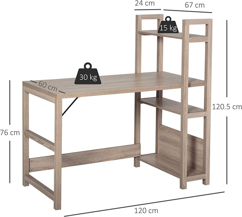 Scrivania Salvaspazio Con Libreria Laterale E 3 Ripiani in Legno per Studio O Ufficio, Color Rovere, 120X67X120.5Cm