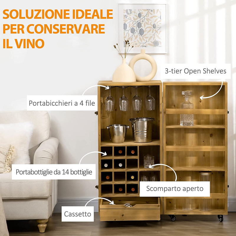 Portabottiglie Vini Da 14 Bottiglie Con Cassetto, 3 Ripiani Aperti, Portabicchieri a 4 File E 6 Ruote, in Legno Di Abete E Metallo, 105X37X111 Cm, Marrone