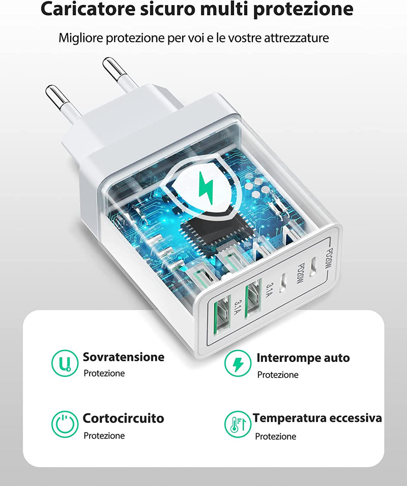 Caricatore Rapido USB C 40W 4Porto Presa Caricatore USB Multipla PD & QC3.0 Carica Cellulare, Alimentatore Caricabatterie Spina USB per Iphone 14 Pro Max Mini 13 12 11 X XR 8 7 6 5 SE, Ipad,Samsung