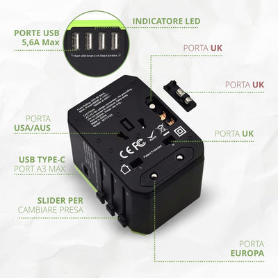 Adattatore Universale Da Viaggio Con Spine EU, UK, US, AU, 4 Porte USB E 1 Porta Type-C