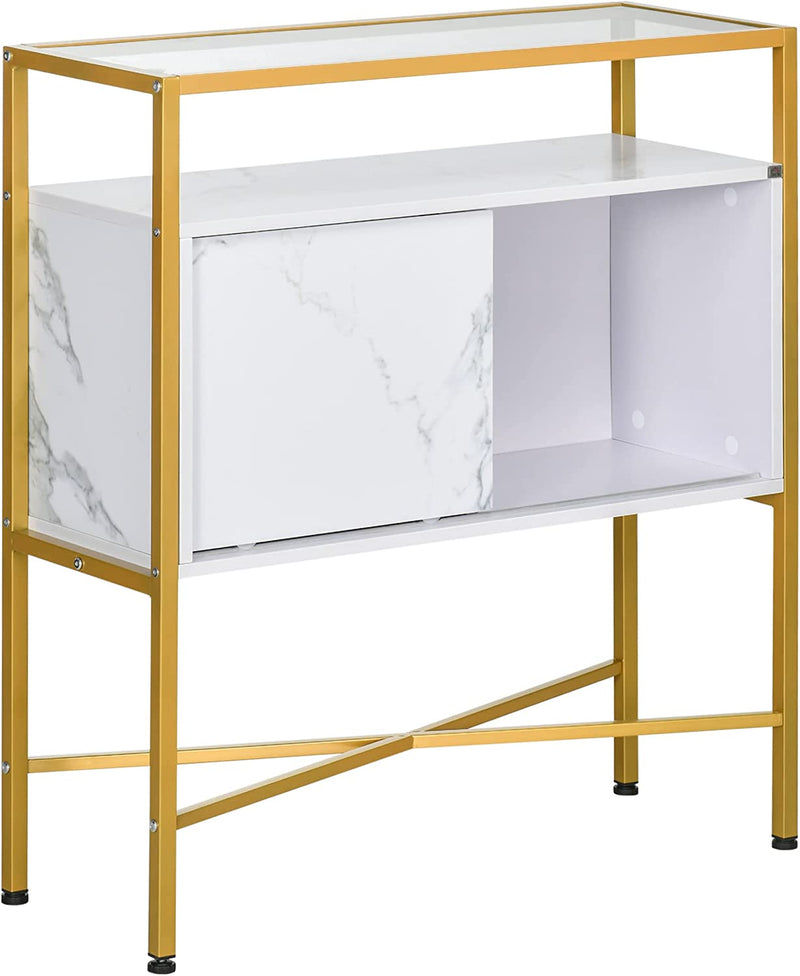 Mobile Multiuso per Soggiorno, Cucina O Ingresso Con Piano in Vetro, Ripiano Aperto in MDF E Gambe in Acciaio, 80X30X90 Cm, Bianco E Oro