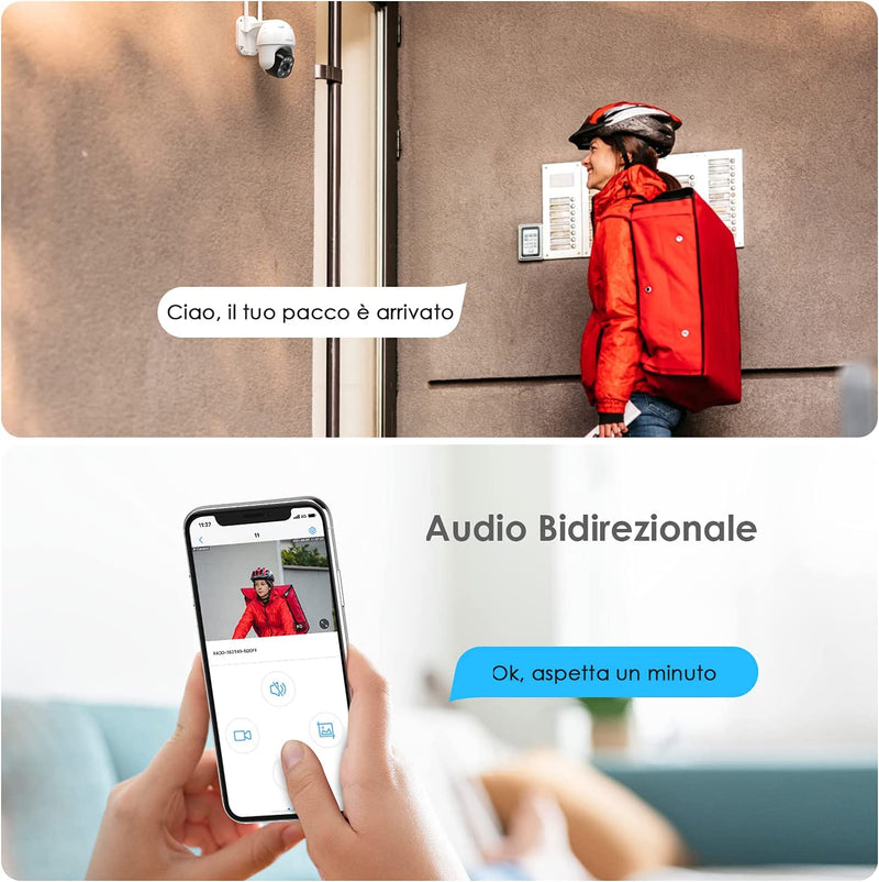 Telecamera Wi-Fi Esterno 360° PTZ Wifi Videocamera Sorveglianza Con 1080P Visione Notturna a Colori, Tracciamento Automatico, IP66 Impermeabile, Rilevamento Del Movimento, Audio Bidirezionale…