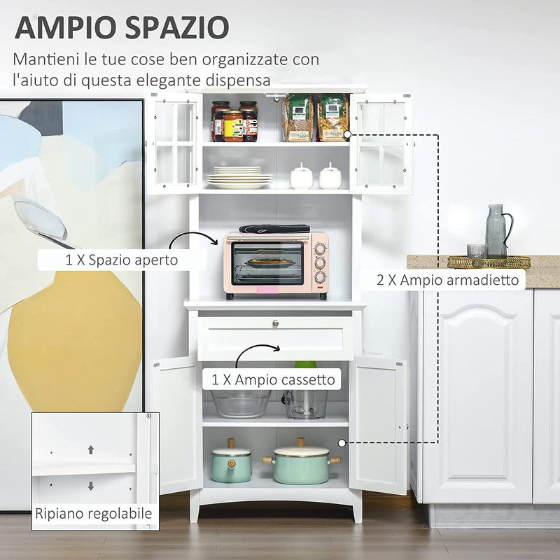 Mobile Dispensa Alto per Cucina E Sala Da Pranzo Con 2 Armadietti, Ripiani Regolabili E Piano D&