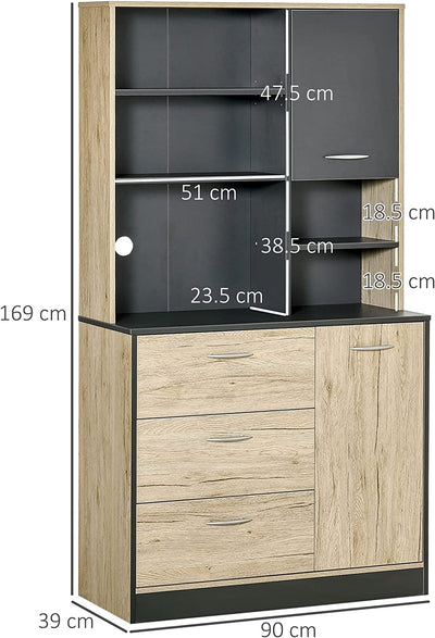 Mobile Cucina Credenza Moderna Salvaspazio Con 2 Armadietti 3 Cassetti 3 Ripiani Legno 90 X 39 X 169Cm Bicolore Grigio Rovere Chiaro