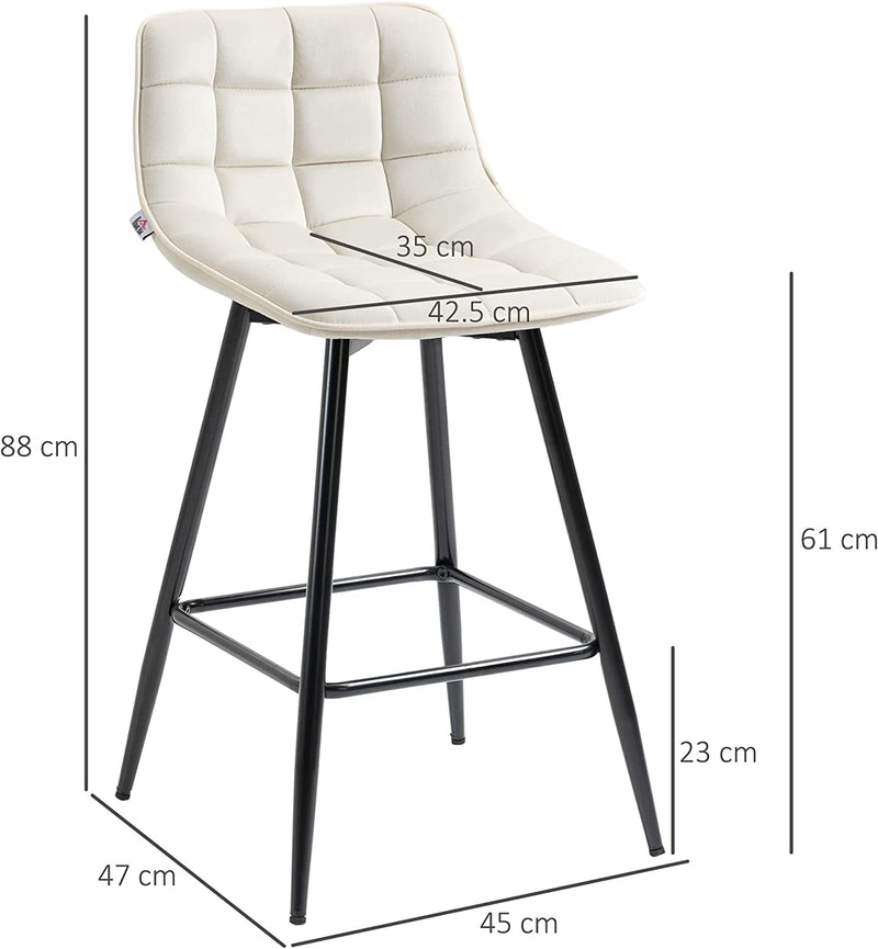 Set 2 Sgabelli Da Bar Con Schienale E Poggiapiedi, Sedie Imbottite Alte Stile Nordico in Metallo E Velluto, Bianco Crema, 45X47X88 Cm