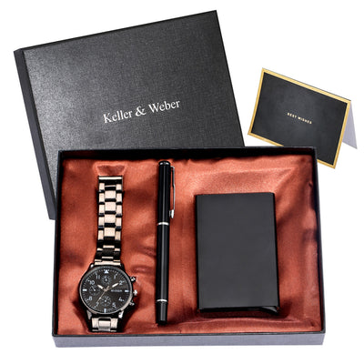 Men'S Quartz Watch Credit Card Case Gel Pen Set Fashion Gift Set Box