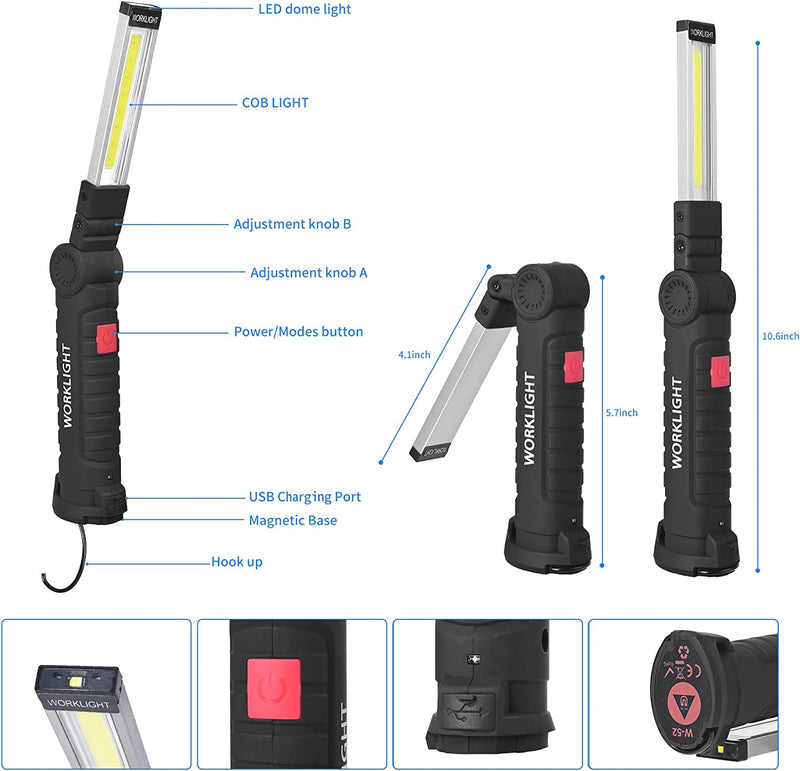 Torcia LED Lampada Da Lavoro Ricaricabile USB Lampada Magnetica COB Lampade Di Ispezione 5 Modalità Lampada E Gancio per Auto/Campeggio/Bbq/Home E Di Emergenza
