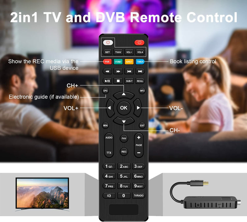 Decoder DVB-T2 Decoder Digitale Terrestre 2023 - HDMI TV Stick, Dolby Audio HD 1080P H265 HEVC Main 10 Bit, Supporto USB Wifi/Multimedia/Pvr [Includere 2In1 Telecomando Universale]