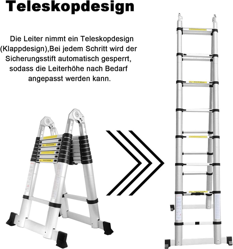 Scala Telescopica in Alluminio, Allungabile, Antiscivolo, Multifunzionale, Portatile, Portata Massima 150 Kg, 5 M (2,5 + 2,5 M)