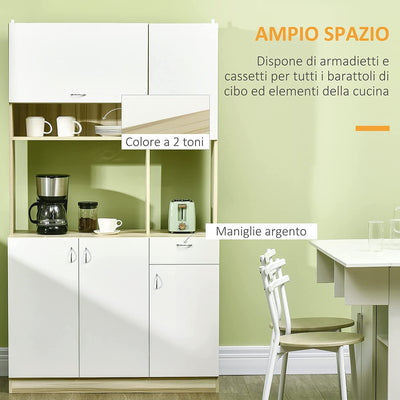 Mobile Buffet a 4 Porte per Cucina Con 3 Armadietti, Cassetto, Pensile E Piano D'Appoggio in Truciolato, 102X48X180Cm, Bianco E Color Legno