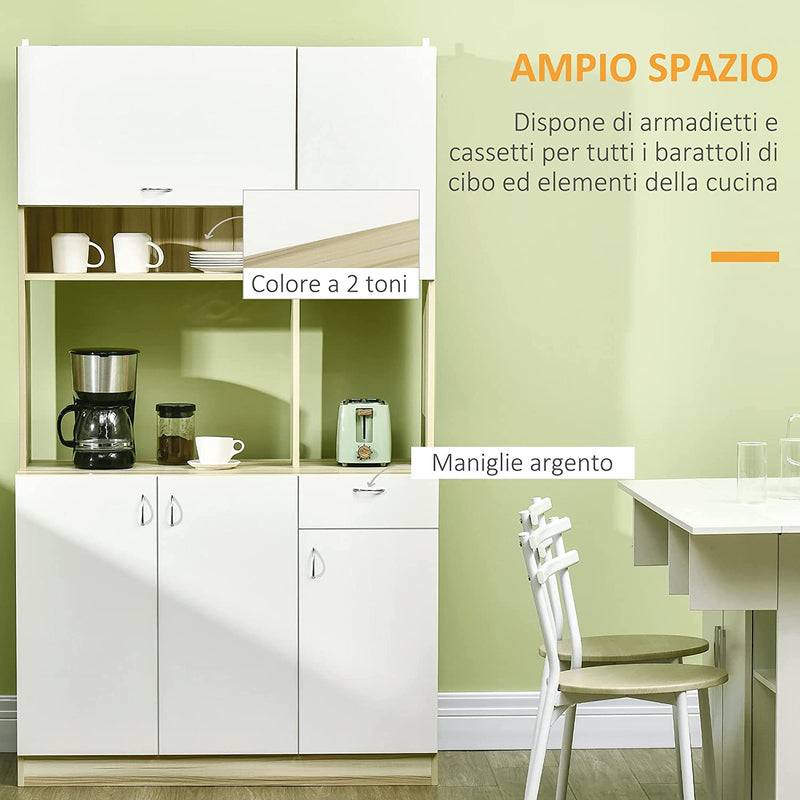 Mobile Buffet a 4 Porte per Cucina Con 3 Armadietti, Cassetto, Pensile E Piano D&