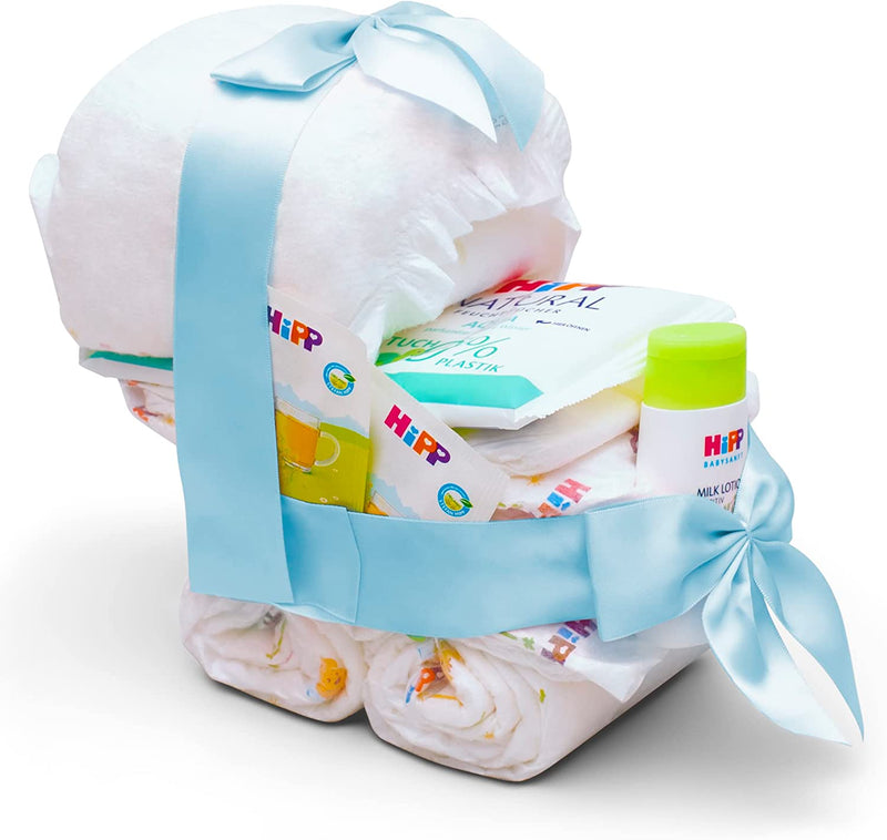 ® Passeggino Torta Di Pannolini Con Prodotti Hipp, Blu, Regalo per Nascita O Battesimo, Torta Di Pannolini Fatta a Mano, per Baby Shower, Made in Germany