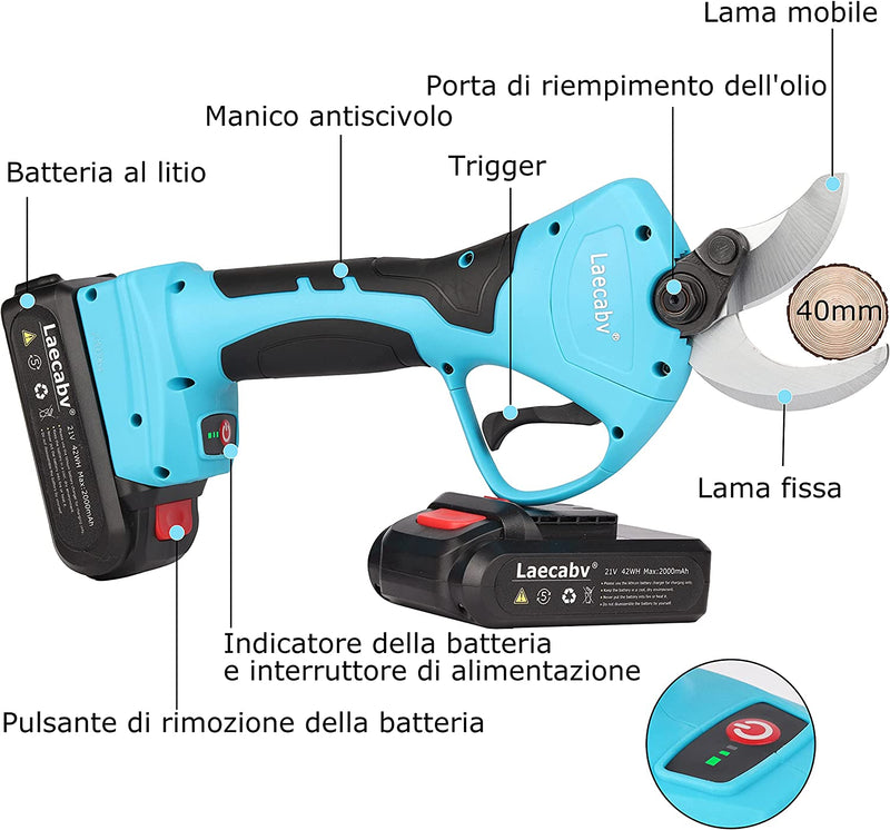 Forbici Potatura Elettriche 40Mm Progressivo Professionali Cesoie per Potatura Con 2 21V/2Ah Batteria per Potatura Giardinaggio Ulivi Albero Da Frutta Vigneto (LA40)