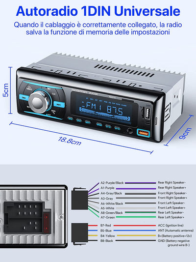 RDS Autoradio Bluetooth 5.0 Vivavoce,  FM/AM Bluetooth Autoradio Con Telecomando, Supporto Due USB/AUX In/Sd/Tf/Wma/Wav/Mp3 Player, 1 DIN Stereo Radio 4X65W Supporto Ios Android