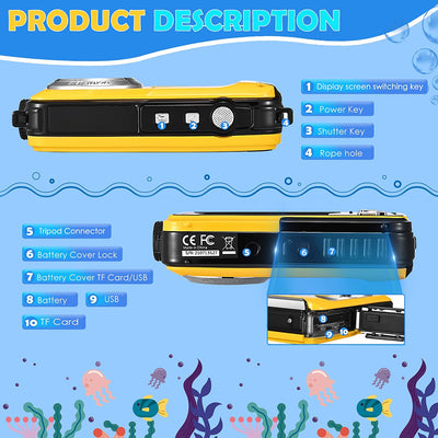 Fotocamera Subacquea, Full HD 2.7K 48MP Impermeabile Fotocamera Digitale Con Microfono LED Luce Di Riempimento Parco Acquatico the Sea per Bambini Ragazzi Ragazze Regalo Giallo