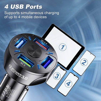 Caricatore Auto USB Accendisigari USB Caricabatterie, 4 Porte Caricabatterie Auto Cellulare, Quick Charge 3.0 E 2.1A Compatible with Iphone13, Ipad Samsung Galaxy, Huawei, Xiaomi, Tablet