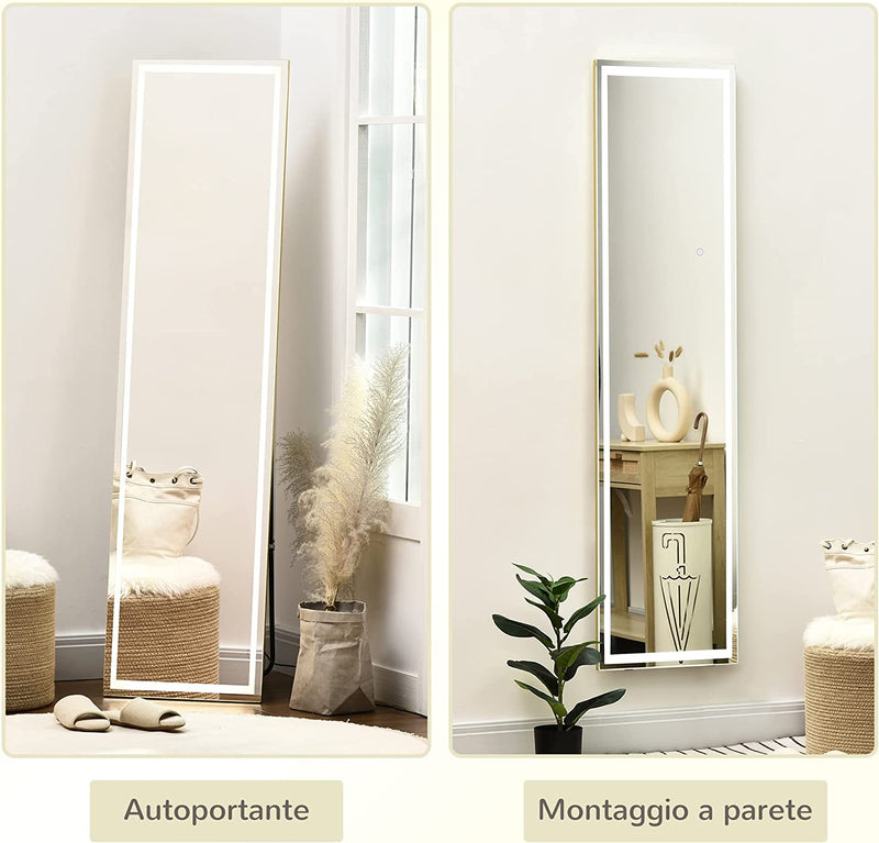 Specchio Autoportante a Figura Intera Con Supporto E Luce LED Regolabile, Specchio Da Parete Con Telecomando per Camera Da Letto E Bagno, 40X37X156.5Cm