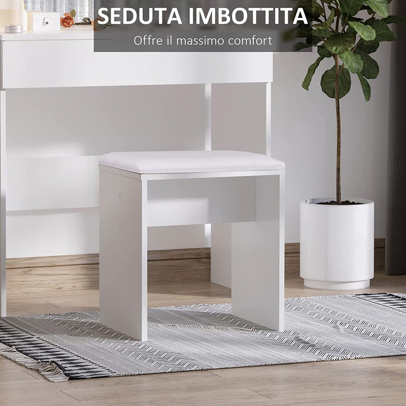 Set Tavolo Da Trucco Toeletta Con Specchio, 12 Luci LED, Sgabello Imbottito E Ampio Cassetto in Legno, 80X40X140 Cm, Bianco