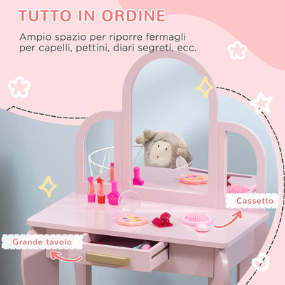 Tavolo per Trucco per Bambine 3-6 Anni Con Sgabello, Cassetti E Specchio Coordinato in Acrilico, in MDF E Legno Di Pino, Rosa