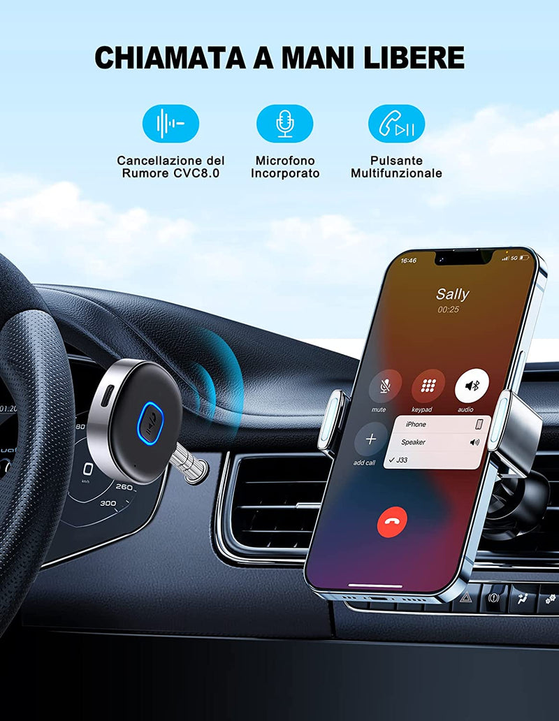 Ricevitore Bluetooth 5.3, Mini Aux Bluetooth Auto per Stereo/Altoparlante/Cuffie Cablate, Adattatore Bluetooth Auto Jack 3.5 Mm, Chiamate in Vivavoce, Connessione Doppia, 16 Ore Di Riproduzione