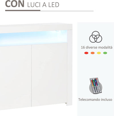 Mobiletto Salvaspazio Multiuso per Ingresso, Salotto O Bagno in Legno Bianco, Con Luci LED Colorate, 107X35X97Cm