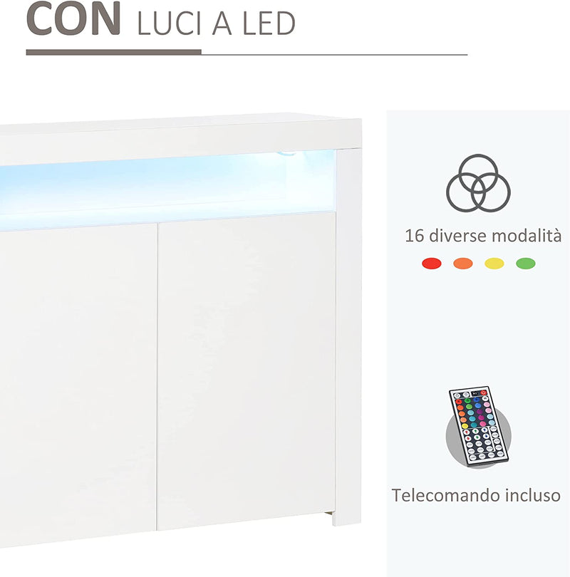 Mobiletto Salvaspazio Multiuso per Ingresso, Salotto O Bagno in Legno Bianco, Con Luci LED Colorate, 107X35X97Cm