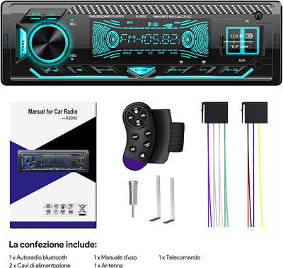 RDS Autoradio Bluetooth Vivavoce,  1 DIN Universale Auto Radio Stereo Con Volante Telecomando, 4 X 65W Autoradio Con Lettore MP3 E Due Porte USB, Supporta FM/AUX/TF/WMA/WAV, 7 Luci Colori