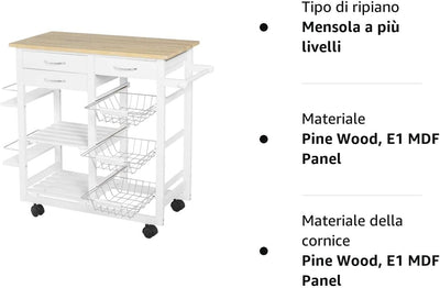 Carrello Con Ruote Da Cucina Salvaspazio in Legno Massiccio: 3 Cassetti, 3 Cestelli, 2 Portaspezie, 2 Ripiani, 92X37X82 Cm