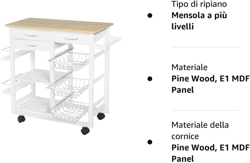 Carrello Con Ruote Da Cucina Salvaspazio in Legno Massiccio: 3 Cassetti, 3 Cestelli, 2 Portaspezie, 2 Ripiani, 92X37X82 Cm