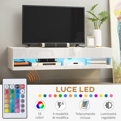 Mobile TV Sospeso 65" Max Con Luci LED, 2 Armadietti a Ribalta, Fori Passacavi, in Truciolato, 150X40X30 Cm, Bianco Lucido