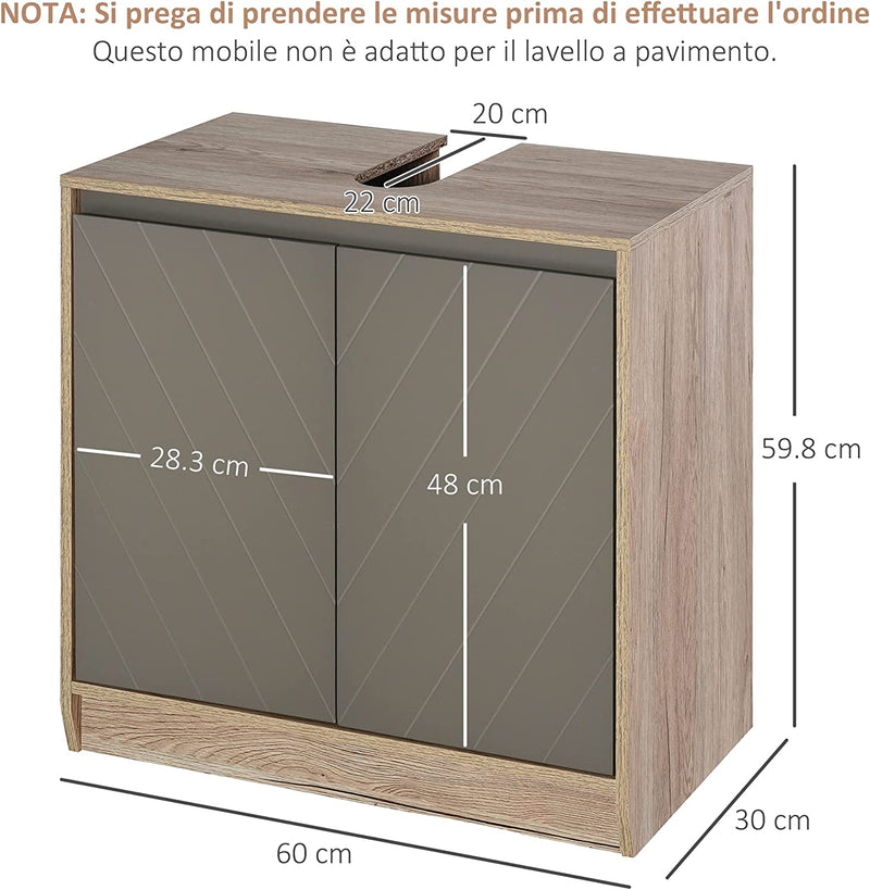 Armadietto Sottolavabo in MDF Con Ritaglio per Lavandino Con 2 Ante E 2 Mensole Regolabili, 60 X 30 X 60Cm