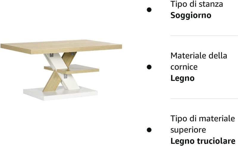 Tavolino Da Caffè in Legno Con Ripiano Centrale, Tavolino Da Divano Moderno per Salotto E Soggiorno, 90X60X45Cm, Bianco E Legno