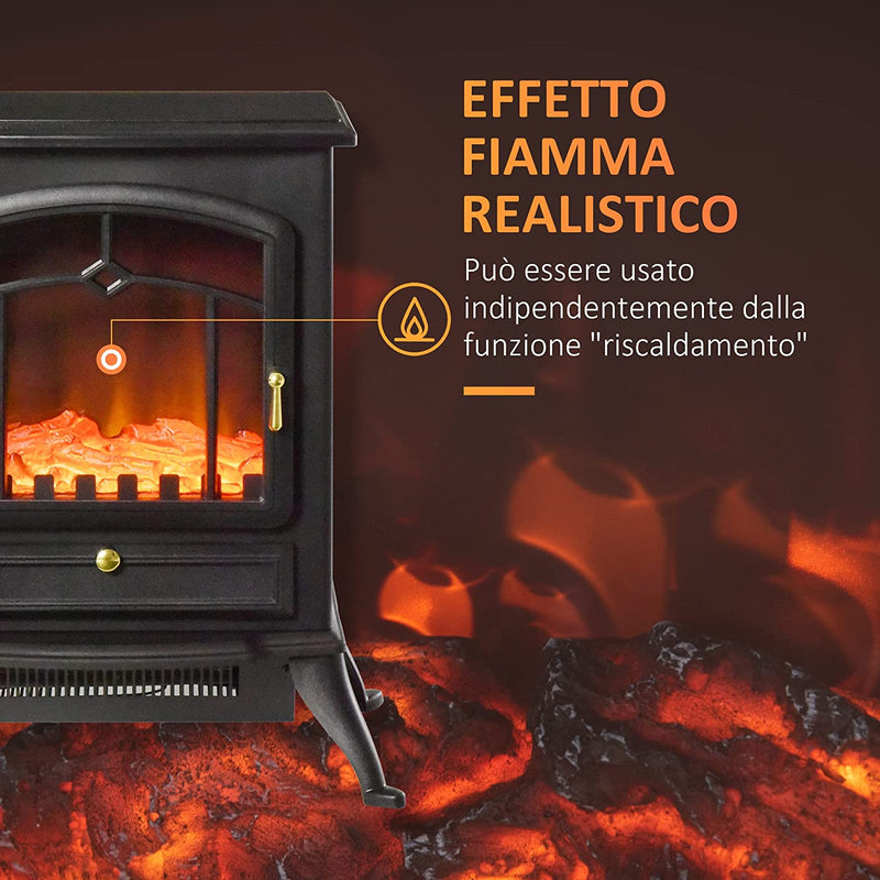 Camino Elettrico Da Terra Con Effetto Fiamma Potenza 1000W /2000W in ABS E Vetro 45×28×54Cm Nero