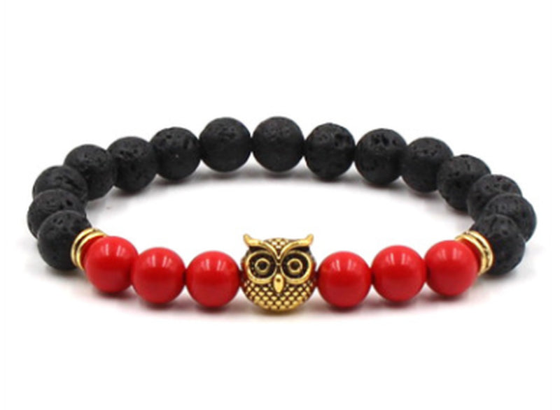 Foreign Trade Aliexpress Best Selling 8Mm Natural Stone Black Lava Volcanic Stone Bracelet Gold Alloy Owl Bracelet