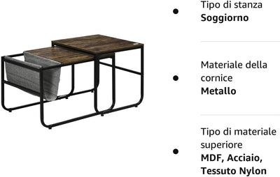 Set Di 2 Tavolini Da Caffè Sovrapponibili in Stile Industriale, Tavolini Da Salotto in MDF E Acciaio, Nero E Marrone Rustico