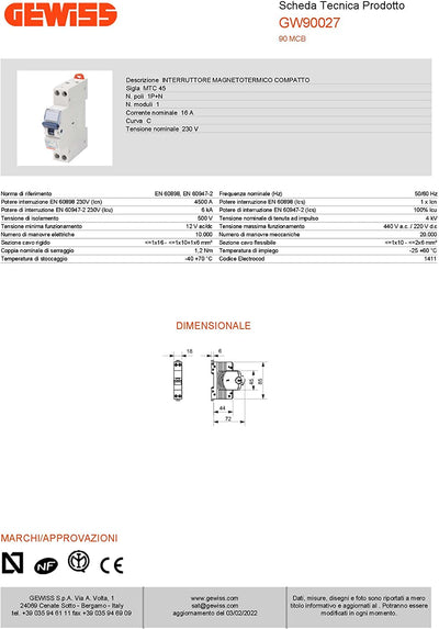 GW90027 Interruttore Magnetotermico 16A, 1P+N, 4,5KA, Automatico, Multicolore