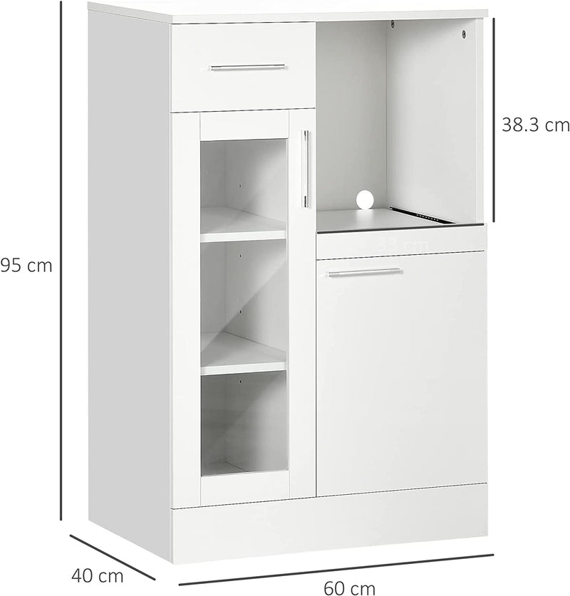 Credenza Moderna Con Armadietti E Cassetto, Mobile Cucina Salvaspazio in Legno E Vetro 60X40X95Cm, Bianco