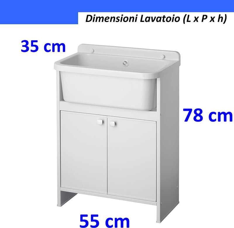 5001PKCAM Lavatoio Salvaspazio in Resina PVC Da Esterno/Interno, Con Mobile Portaoggetti L 55X P 35X H80 Cm, Bianco, S, 10 Unità